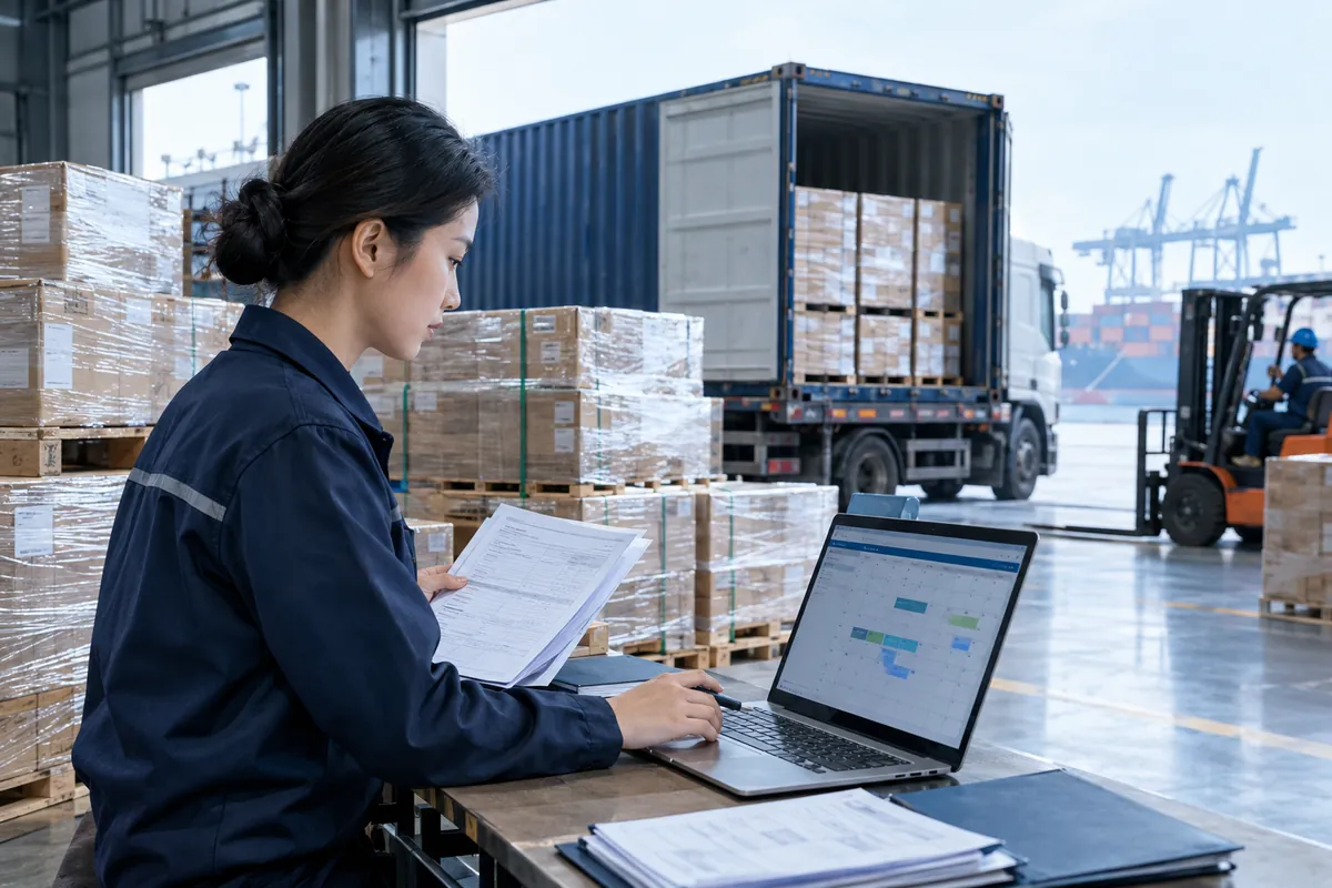 Freight coordinator checking export documents beside cargo ready for booking