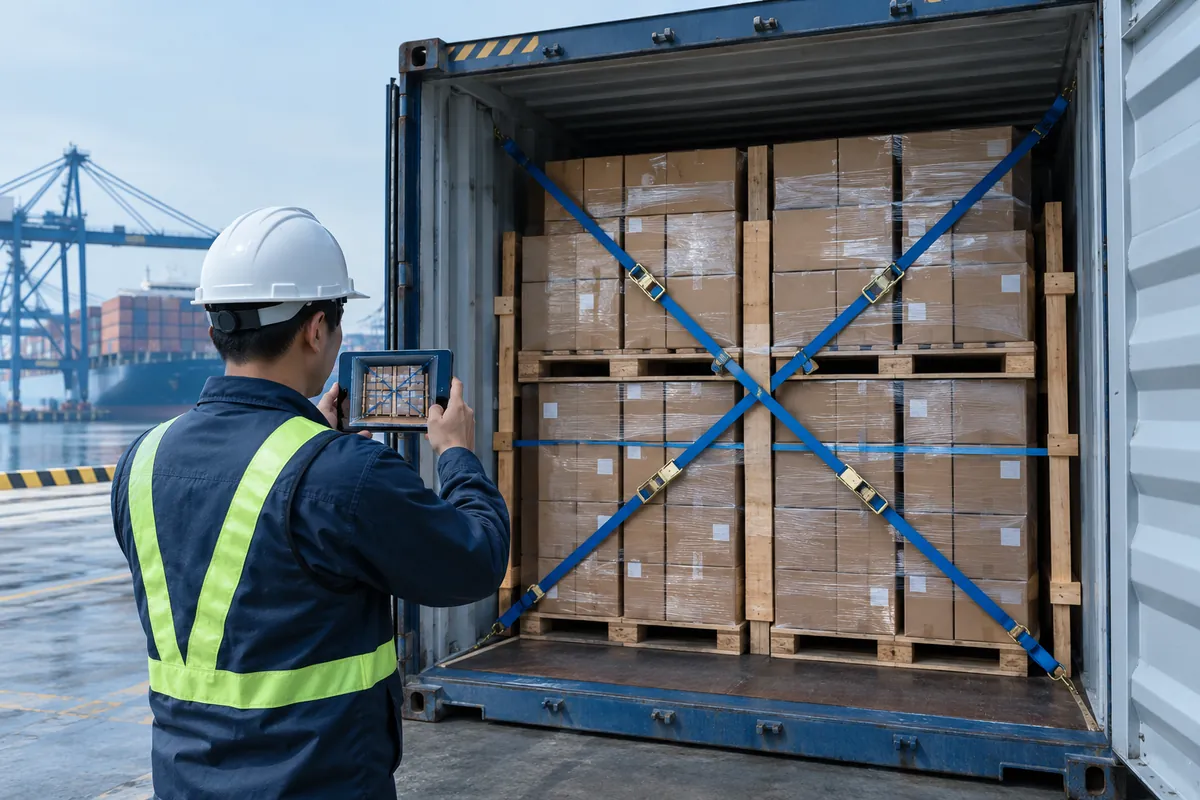 Supervisor documenting safely secured cartons inside a shipping container