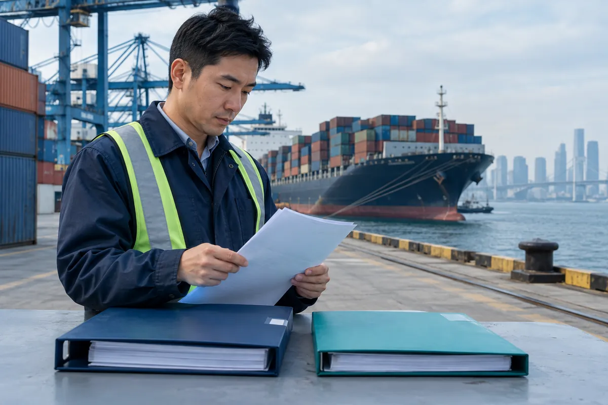 Shipper comparing cargo release paperwork beside a container terminal