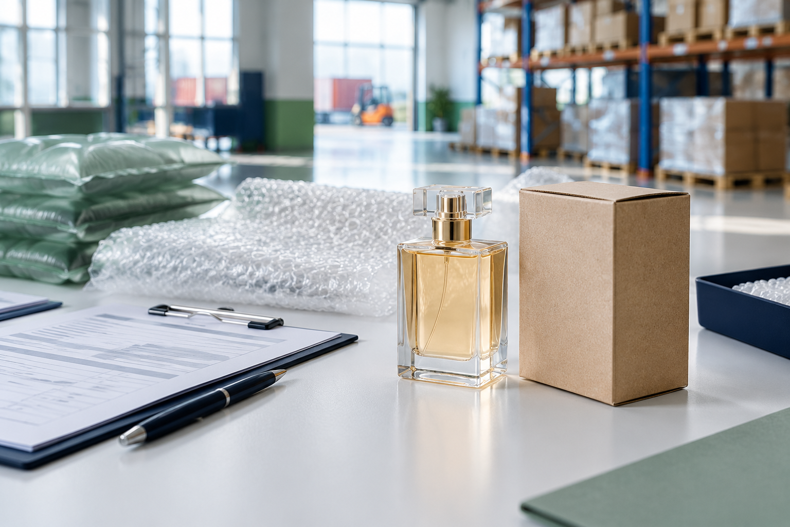 AI-generated conceptual illustration of a logistics team reviewing perfume cargo documents and packing