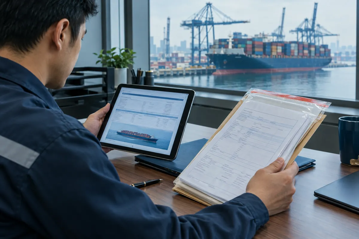 Logistics professional reviewing an ocean bill of lading draft and shipment papers at a port office