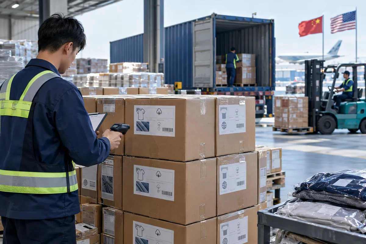 Apparel export cartons with garment labels prepared for a US-bound shipment