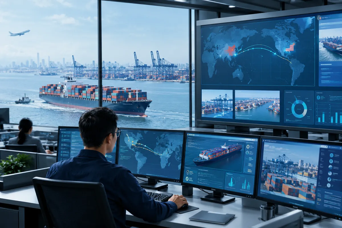 Ocean freight operations center monitoring container shipment milestones