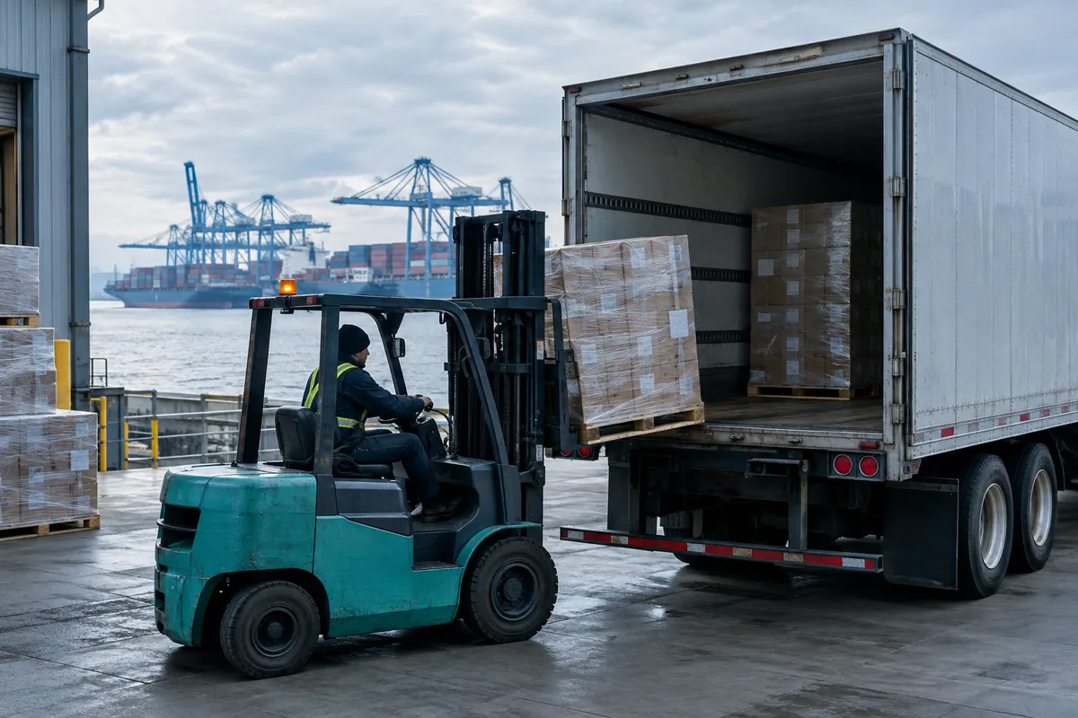 Palletized import freight being loaded for LTL delivery from a US port warehouse