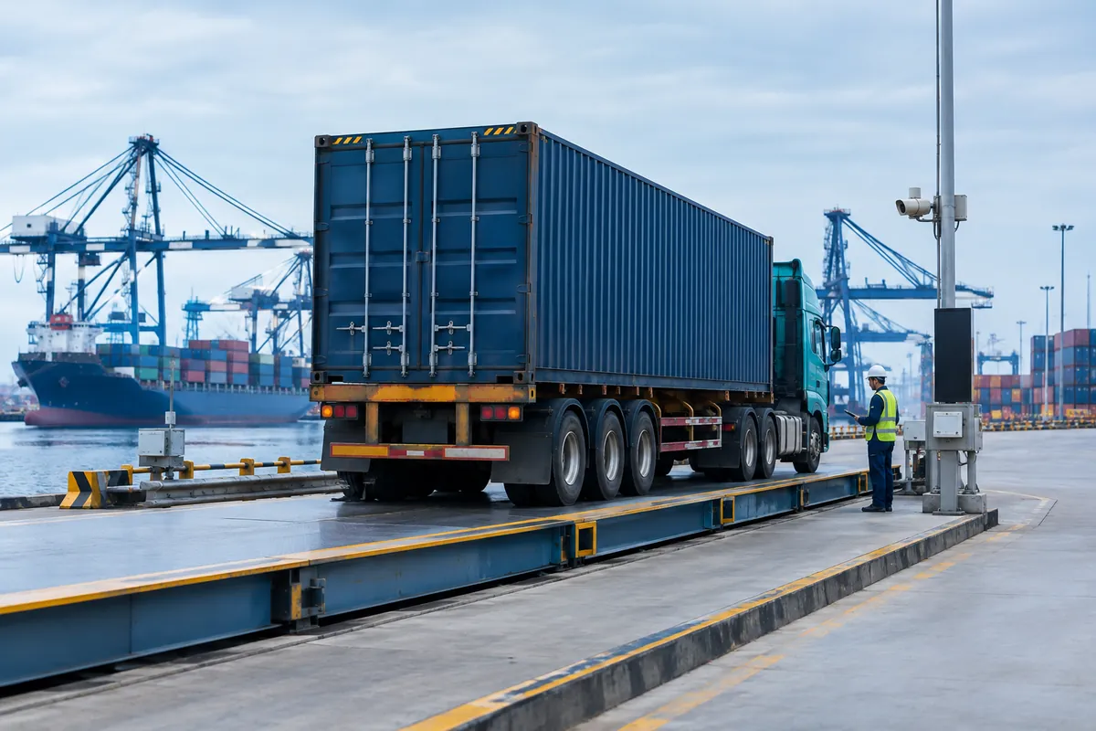 Export container on a weighbridge at a Chinese port for gross mass verification