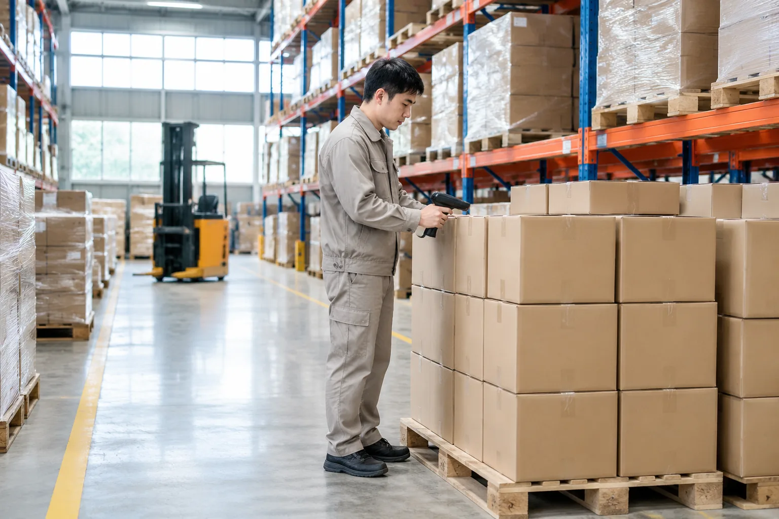 AI-generated illustrative warehouse parcel inspection
