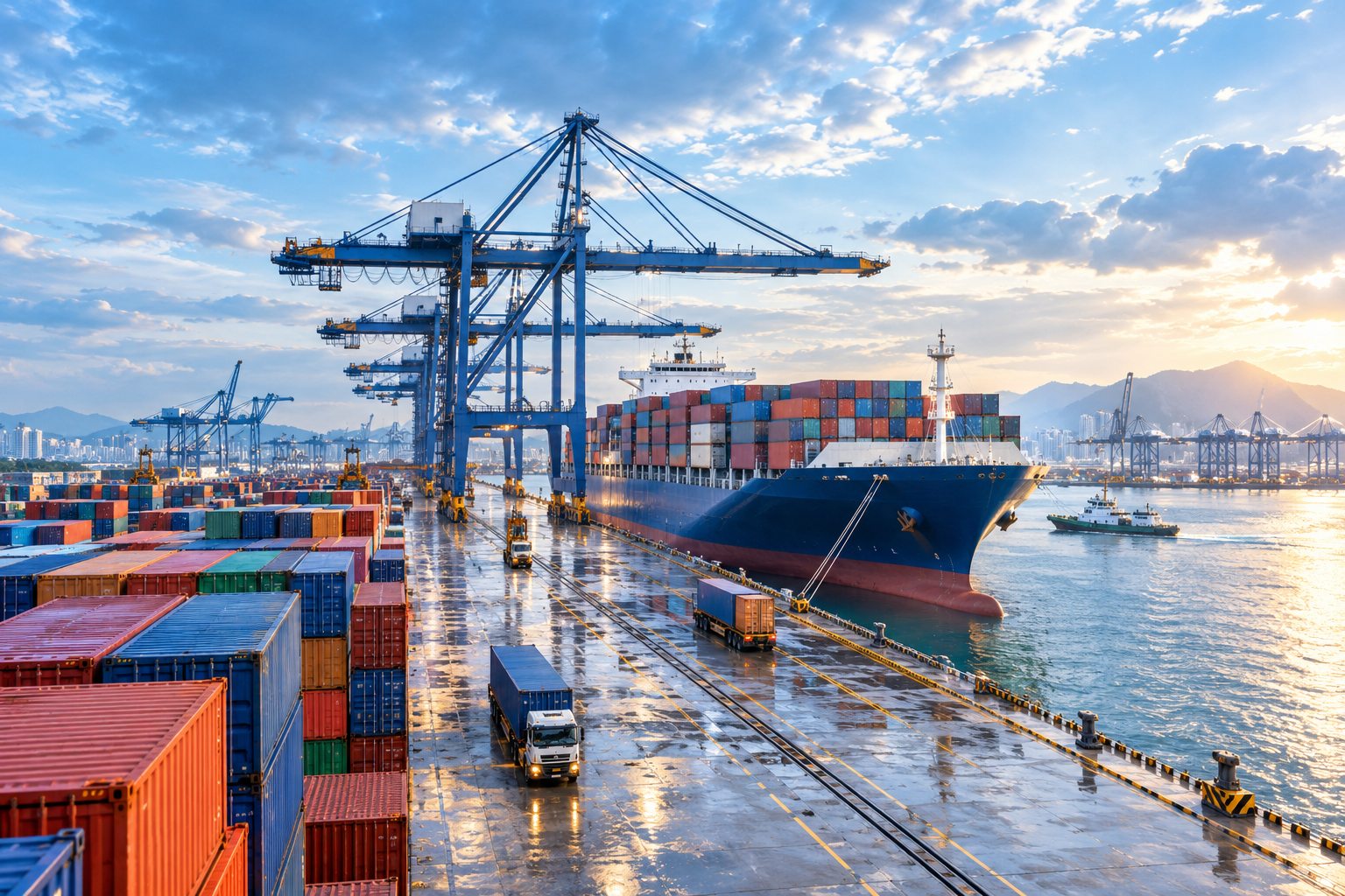 AI-generated illustrative ocean freight vessel and port