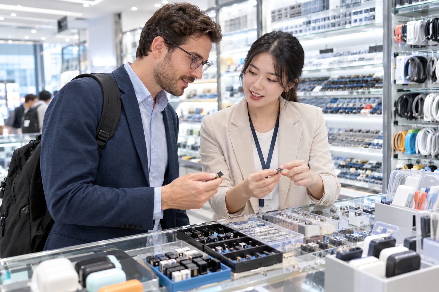 AI-generated illustrative concept of a buyer sourcing electronics in Shenzhen